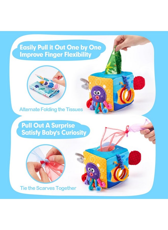 Baby Tissue Box Toy - Baby Toys 6-12 Months Montessori Toys For 6 Month Old Toys With Textured Tails, Cloth Tissues, Crinkle, Squeaky Sounds, Mirror