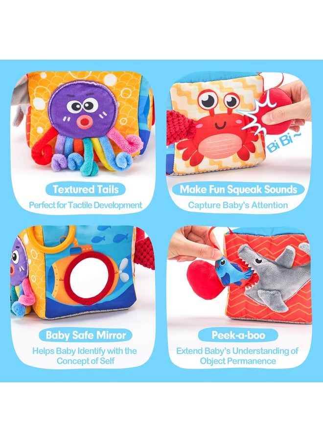 Baby Tissue Box Toy - Baby Toys 6-12 Months Montessori Toys For 6 Month Old Toys With Textured Tails, Cloth Tissues, Crinkle, Squeaky Sounds, Mirror