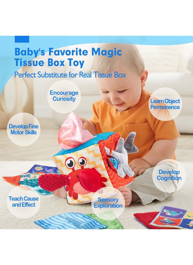 Baby Tissue Box Toy - Baby Toys 6-12 Months Montessori Toys For 6 Month Old Toys With Textured Tails, Cloth Tissues, Crinkle, Squeaky Sounds, Mirror