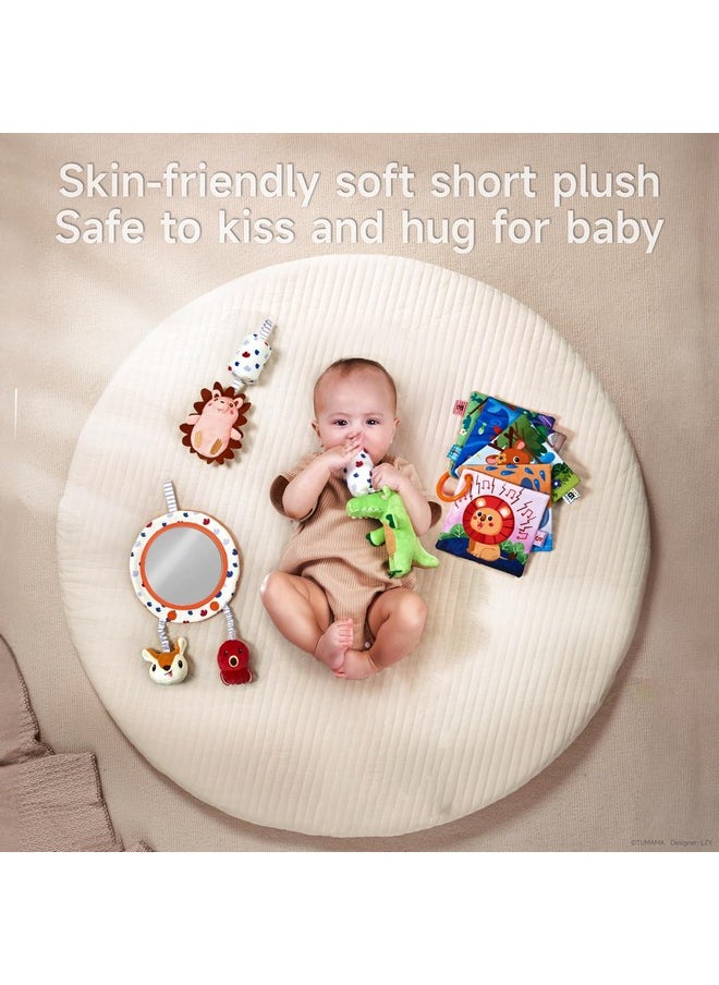 Car Seat Toys 3 6 9 12 Months, Plush Animal Rattle Mirror Soft Crinkle Book Baby Enlightenment Toy Set, Newborn Crib Stroller Play Gym Hanging Toys