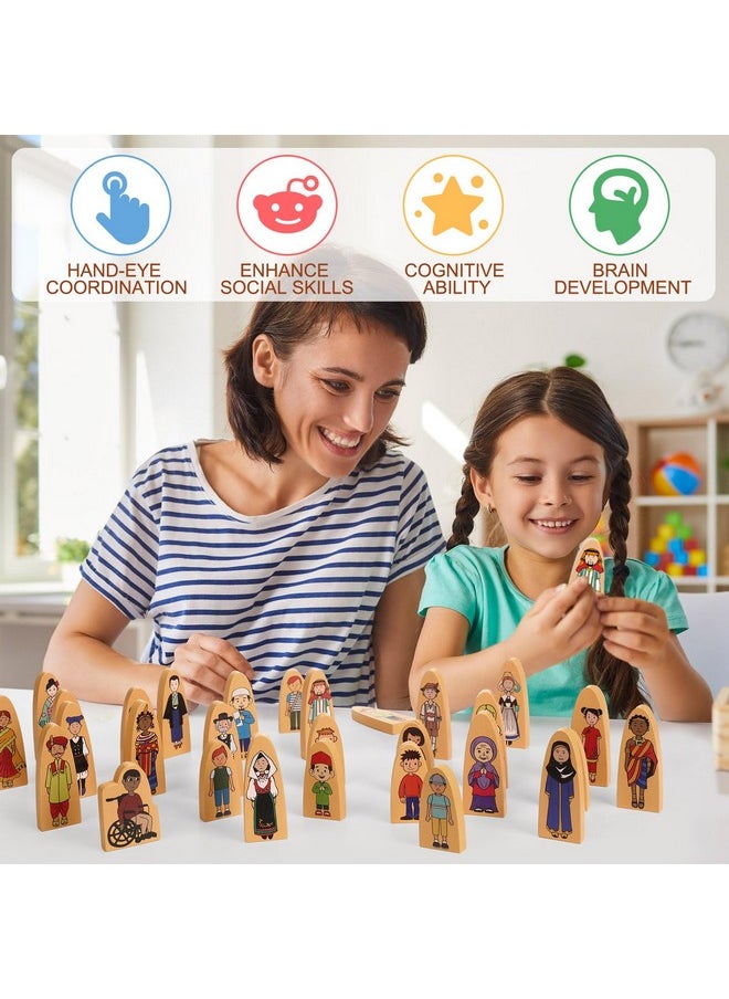 30 Pcs Small Wooden Blocks Multicultural Wooden Character Set Cute People Toys Double Sided Wooden People Figures For Classroom Diversity Play Open Ended Stem Pretend Educational Games