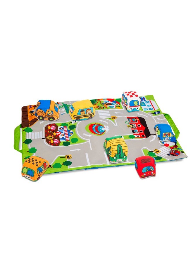 Takealong Town Play Mat (19.25 X 14.25 Inches) With 9 Soft Vehicles With Storage Bag Toy Vehicle Play Sets For Babies