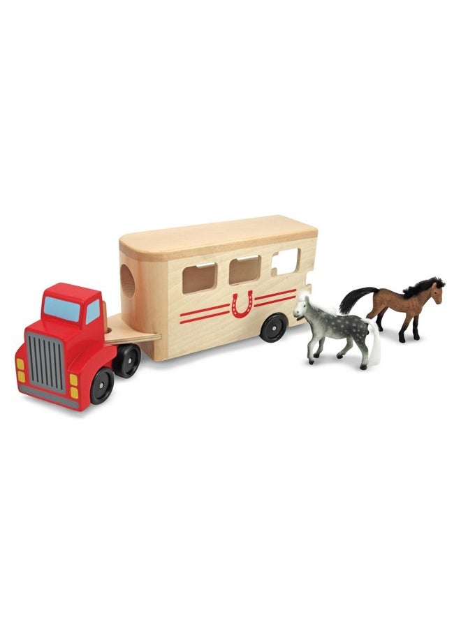 Horse Carrier Wooden Vehicle Play Set With 2 Flocked Horses And Pulldown Ramp Horse Figures Wooden Horse Trailer Toy For Kids Ages 3+