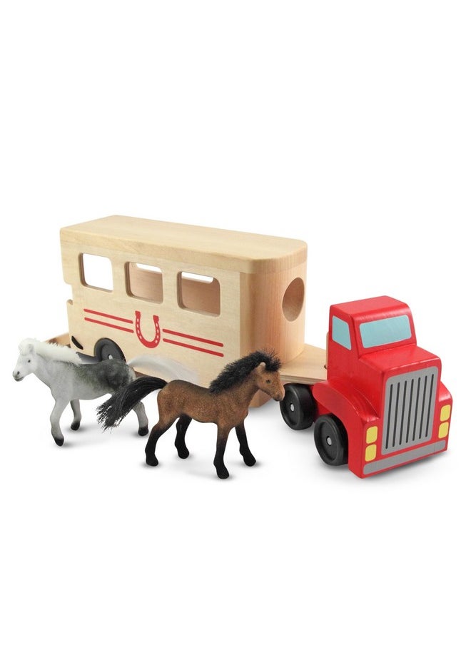 Horse Carrier Wooden Vehicle Play Set With 2 Flocked Horses And Pulldown Ramp Horse Figures Wooden Horse Trailer Toy For Kids Ages 3+