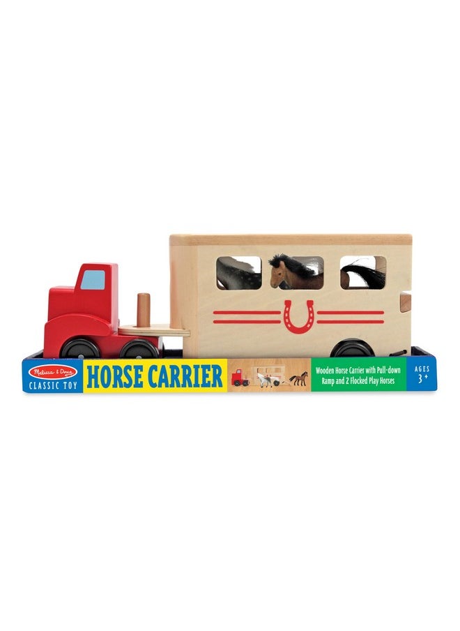 Horse Carrier Wooden Vehicle Play Set With 2 Flocked Horses And Pulldown Ramp Horse Figures Wooden Horse Trailer Toy For Kids Ages 3+