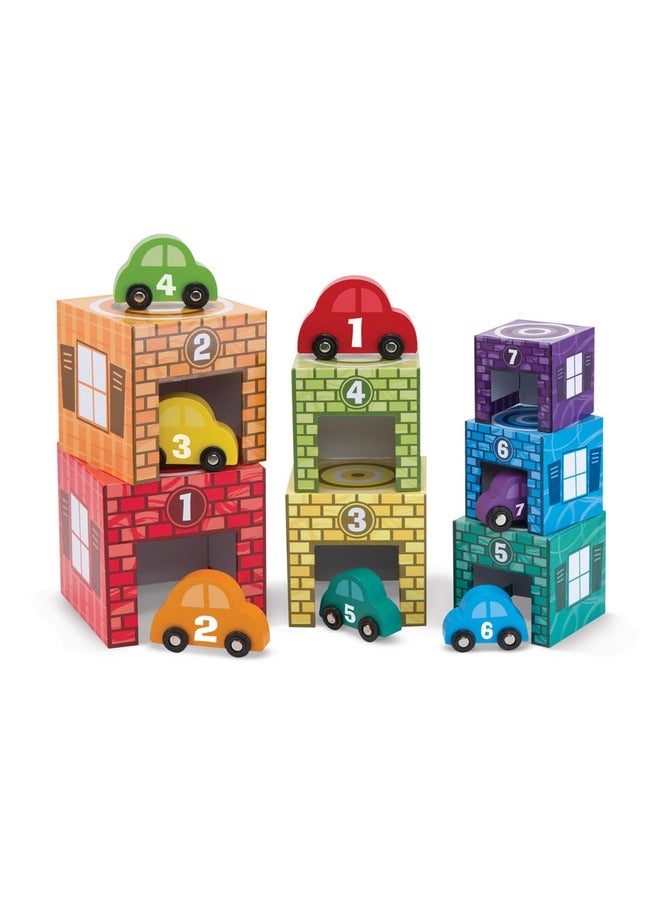 Nesting And Sorting Garages And Cars With 7 Graduated Garages And 7 Stackable Wooden Cars Numbers Learning Toys Garage Toy Sorting And Stacking Toys For Toddlers Ages 2+