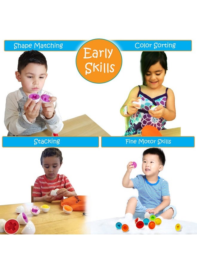 Shapes Matching Egg Toy 6 Pc Set Montessori Sensory Bin Toy For Toddlers Preschool Kids & Blind Children Learning Shapes With Bag & Ebook