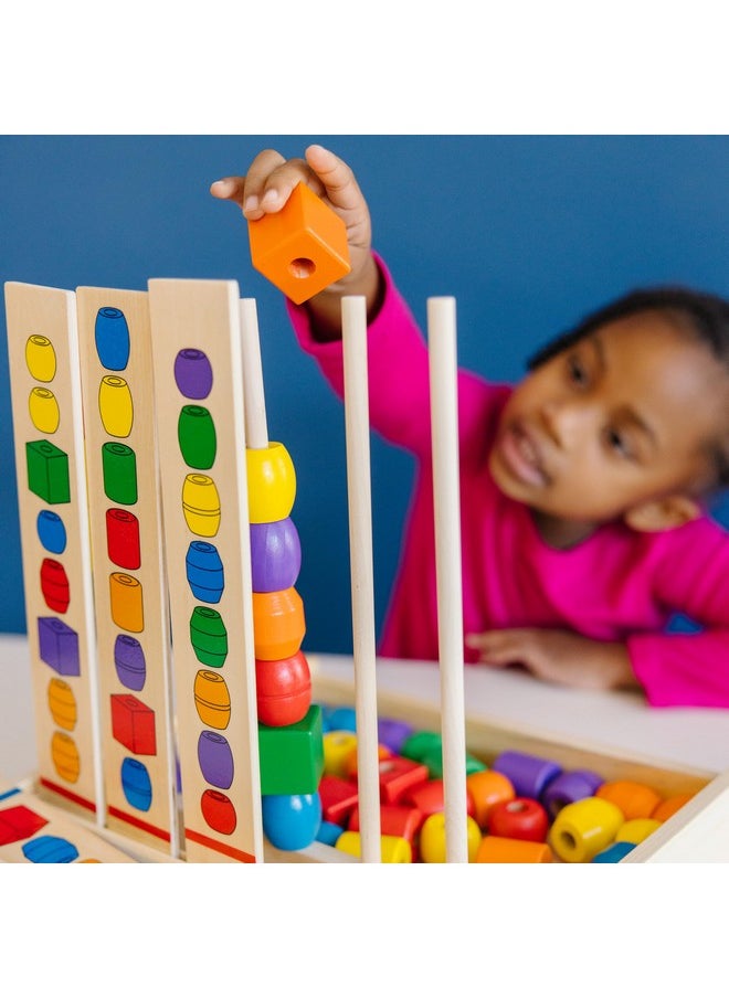 Bead Sequencing Set With 46 Wooden Beads And 5 Doublesided Pattern Boards Color Recognition Toys Matching Shapes Stacker Shape Sorter Toys For Kids Ages 4+