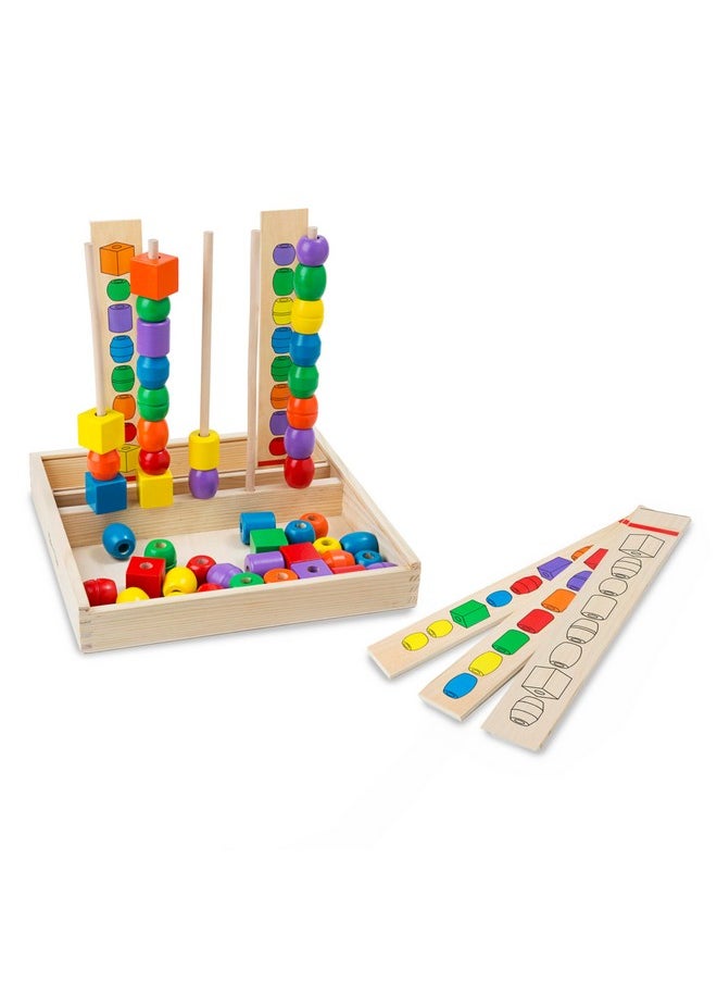 Bead Sequencing Set With 46 Wooden Beads And 5 Doublesided Pattern Boards Color Recognition Toys Matching Shapes Stacker Shape Sorter Toys For Kids Ages 4+