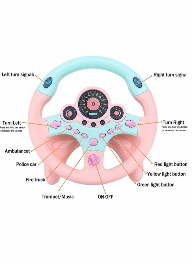 Musical Toys, Kids Steering Wheel for Backseat with Car Key Pretend Driving Simulated Driving Steering Wheel Toy with Light and Music Gifts, for Kids, Pink