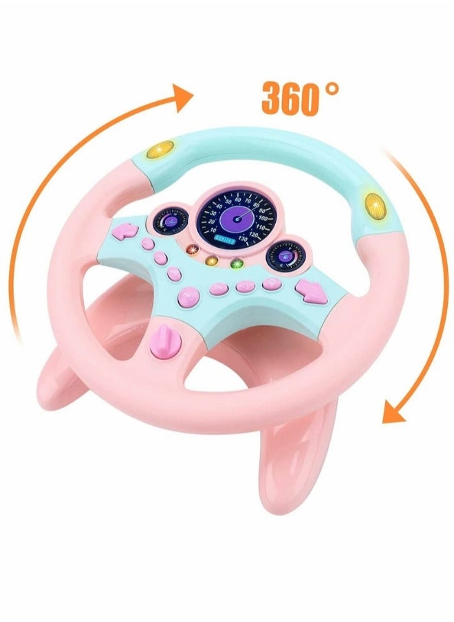 Musical Toys, Kids Steering Wheel for Backseat with Car Key Pretend Driving Simulated Driving Steering Wheel Toy with Light and Music Gifts, for Kids, Pink