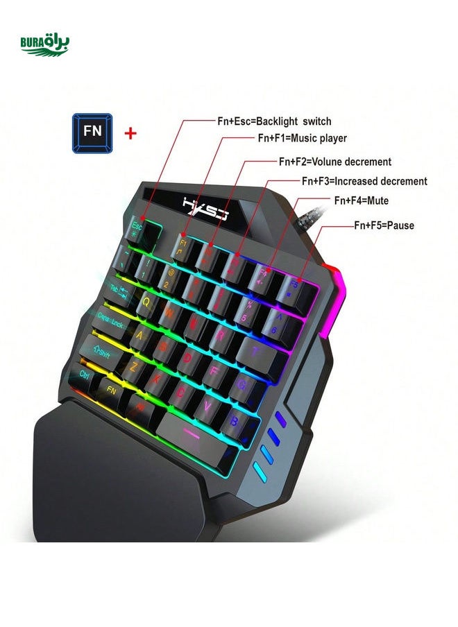 HXSJ 1pc Single Hand Gaming Keyboard, 35 Keys Double Shot Abs Keycaps, Colorful Backlit, Membrane, Usb Wired Left Gaming Keypad, Suitable For Gaming Esports Peripherals