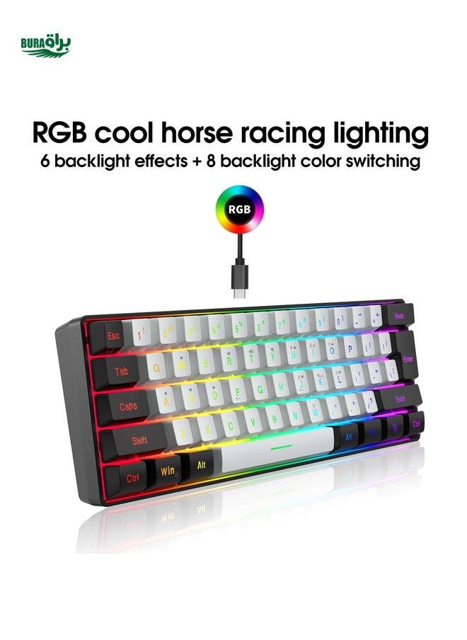 SNPURDIRI black and white RGB lighting ABS cable keyboard, compact 61 keyboard, suitable for PC/ game players, typists, travelers, convenient business travel 60% cable game keyboard