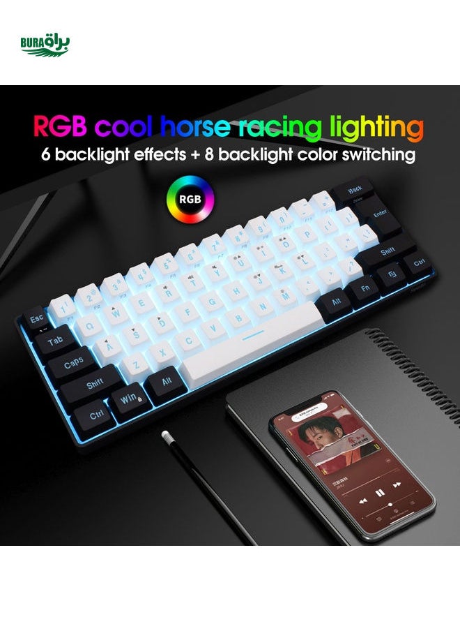 SNPURDIRI black and white RGB lighting ABS cable keyboard, compact 61 keyboard, suitable for PC/ game players, typists, travelers, convenient business travel 60% cable game keyboard