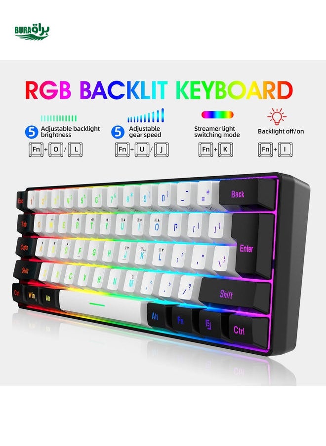 SNPURDIRI black and white RGB lighting ABS cable keyboard, compact 61 keyboard, suitable for PC/ game players, typists, travelers, convenient business travel 60% cable game keyboard