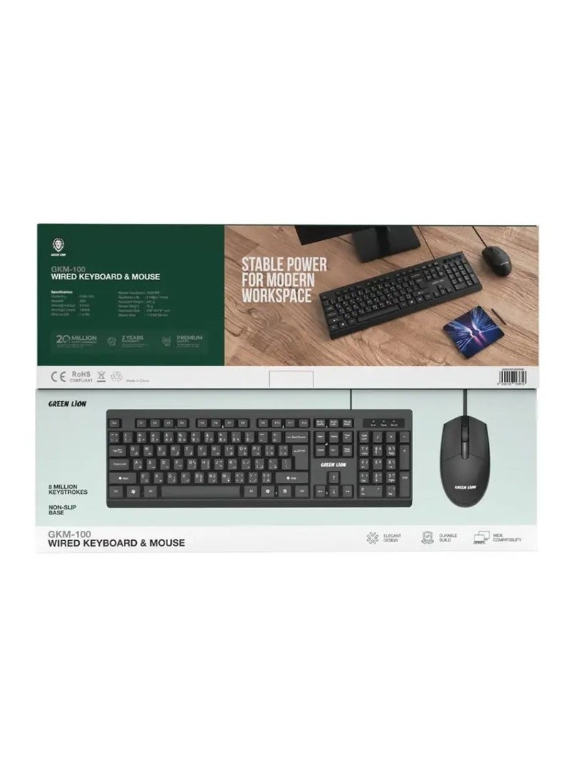 GKM-100 Wired Keyboard and Mouse / Durable Build / Elegant Design / Wide Compatibility / Non-Slip Base / 8 Million / Times Keystroke Life / 1000 dpi Mouse / 1.5 Meters Wire - Black