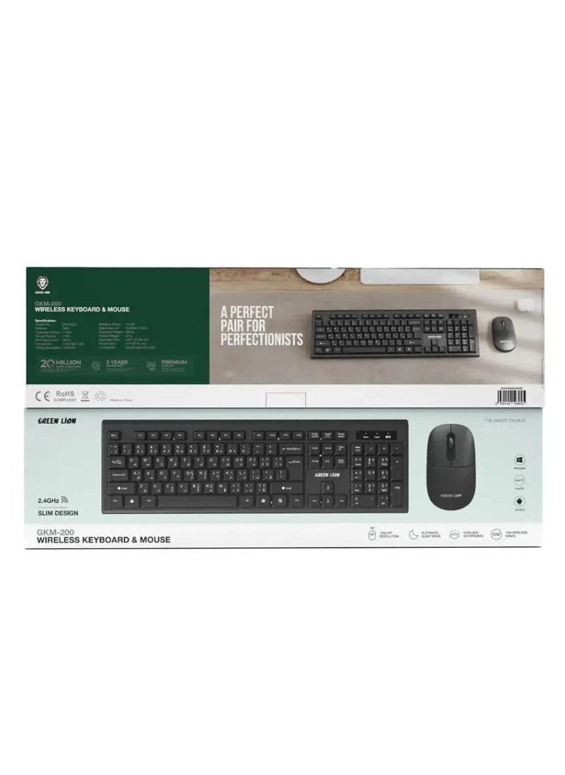 GKM-200 Wireless Combo Keyboard and Mouse / Slim Design / Automatic Sleep Mode / 10 Meters Wireless Range / 2.4GHz Mini USB Connection / Windows/Mac/Android - Black