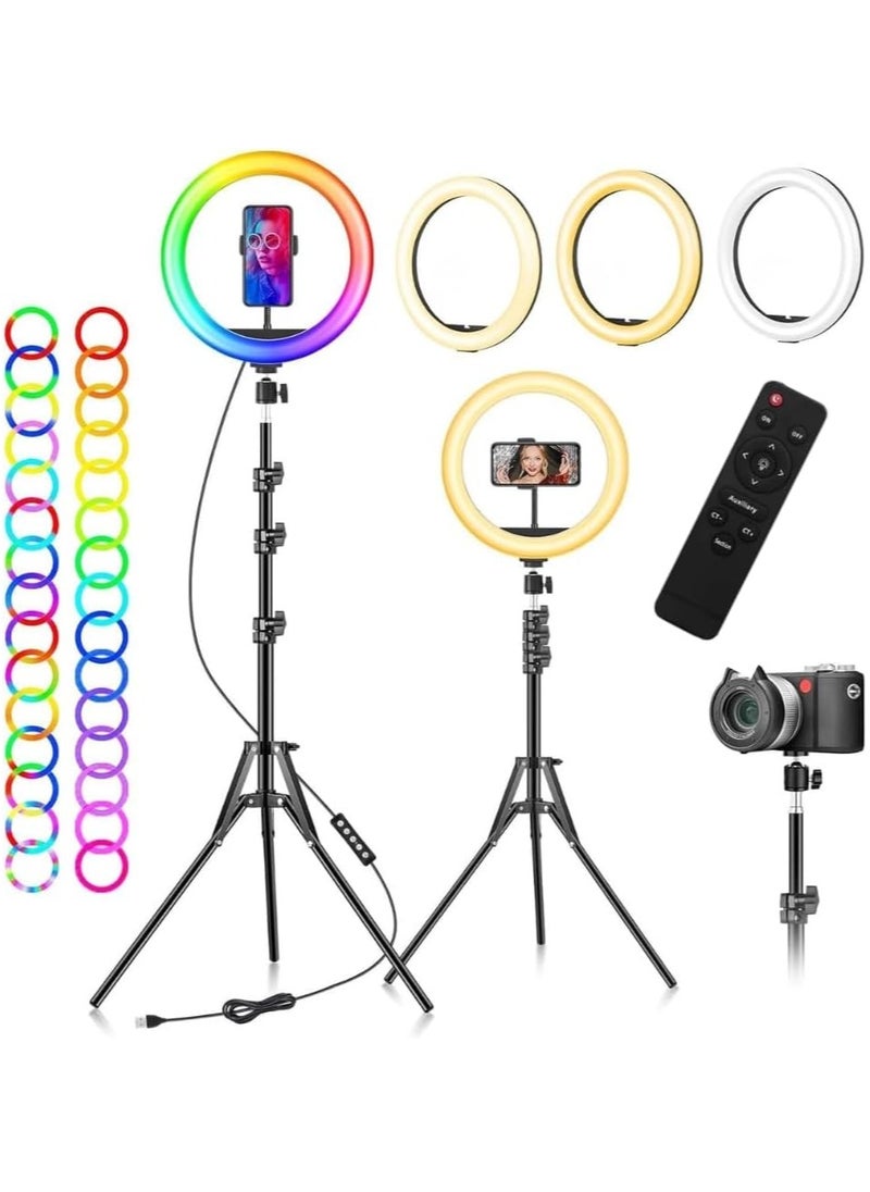 22 Inch Dimmable Circular LED Studio Selfie Ring Light With 90 Inch Tripod Stand Remote And 3 Mobile Phone Holders For Makeup Camera Photography YouTube Video Shoot TikTok Vlog Live Stream