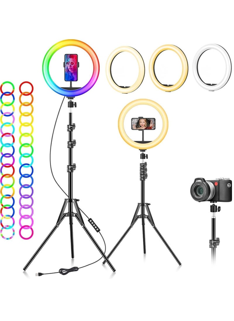 Ring Light with Tripod Stand & Phone Holder |13 inch Selfie LED Ringlight Dimmable Desktop Lamp 40 Colors RGB Tall Circle Light for Camera Makeup Video YouTube TikTok Live Streaming MJ-33