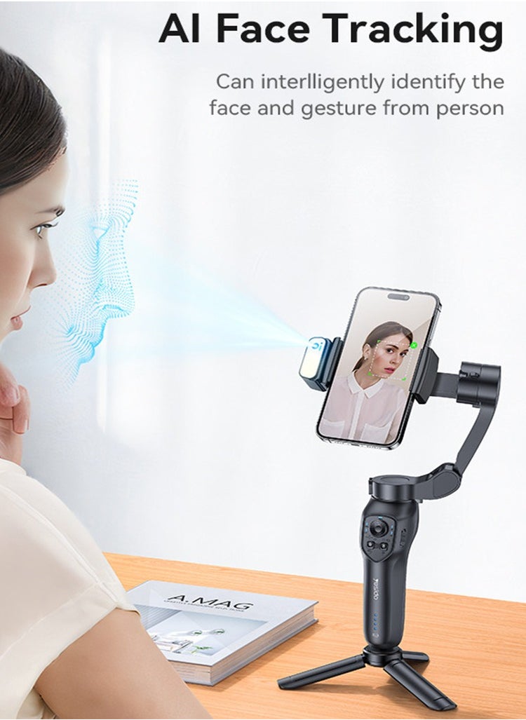 3-Axis Gimbal Stabilizer, Yesido SF21 Face Tracking With Camera Powerful Battery Built-in Extra Fill Light - Black