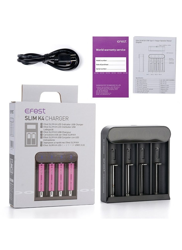 Efest Slim K4 Battery Charger – 4-Slot Charger for Li-ion Rechargeable Batteries