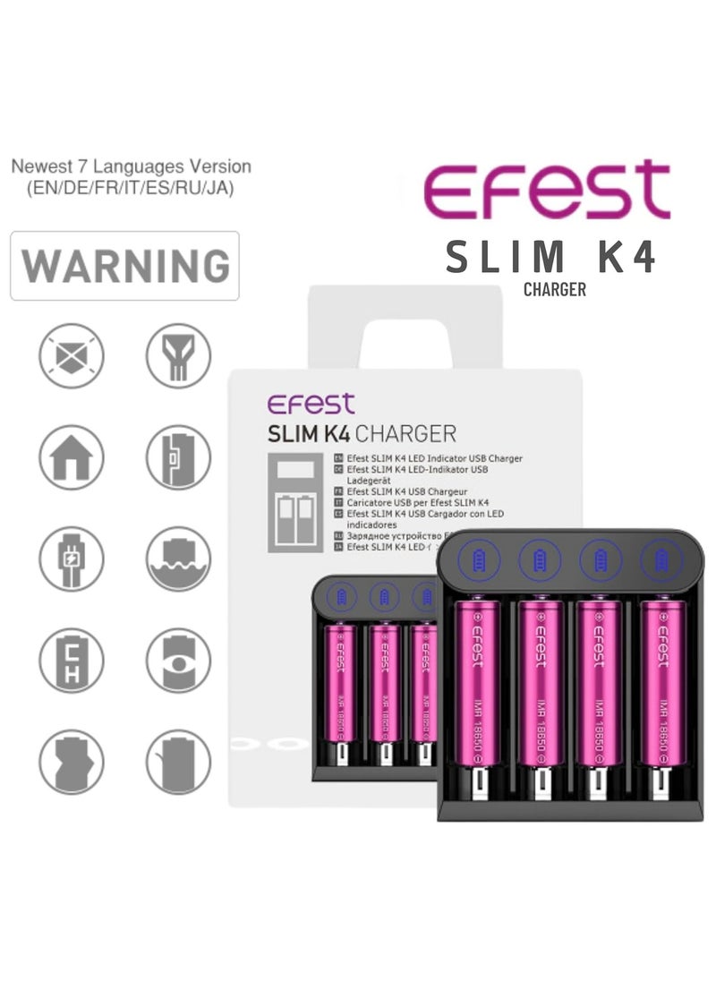 Efest Slim K4 Battery Charger – 4-Slot Charger for Li-ion Rechargeable Batteries