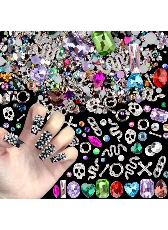 3D Metal Punk Nail Charms Jewels Kit, 300Pcs Alloy Chrome Cone Rivet Spike Snake Skull Studs With 9Pcs Big Glass Pointed Bottom Rhinestones And 200Pcs Flatback Resin Rhinestones (Silver)