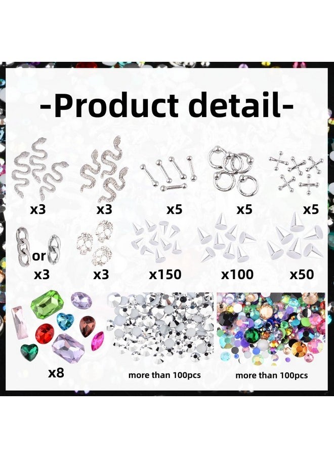 3D Metal Punk Nail Charms Jewels Kit, 300Pcs Alloy Chrome Cone Rivet Spike Snake Skull Studs With 9Pcs Big Glass Pointed Bottom Rhinestones And 200Pcs Flatback Resin Rhinestones (Silver)