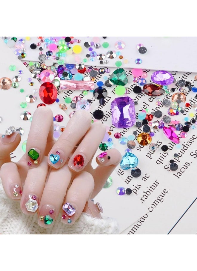 3D Metal Punk Nail Charms Jewels Kit, 300Pcs Alloy Chrome Cone Rivet Spike Snake Skull Studs With 9Pcs Big Glass Pointed Bottom Rhinestones And 200Pcs Flatback Resin Rhinestones (Silver)