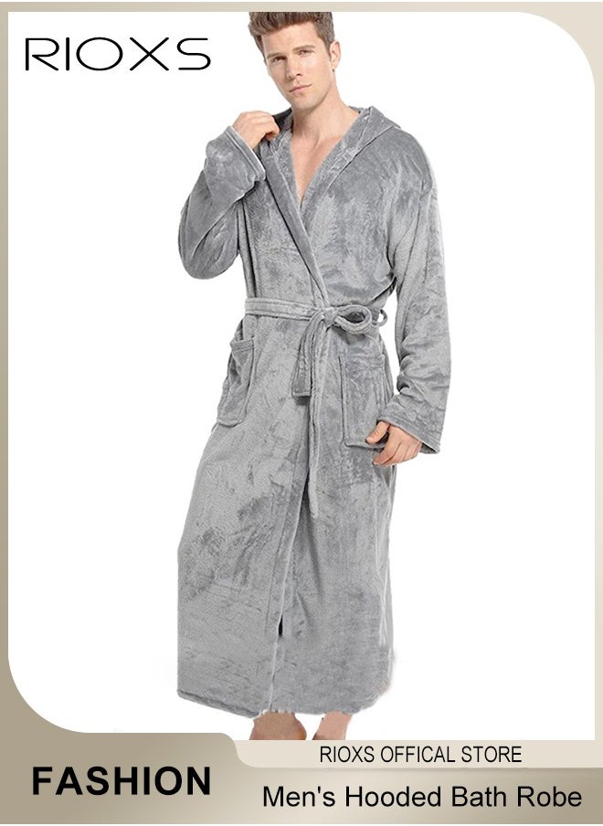 Men's Hooded Bath Robe,Plush Collar Sleepwear,Soft Long Bathrobe Warm Flannel House Robe,Robe Fleece Spa Robes Loungewear For Men,Long Bathrobe Gift For Father Brother Husband