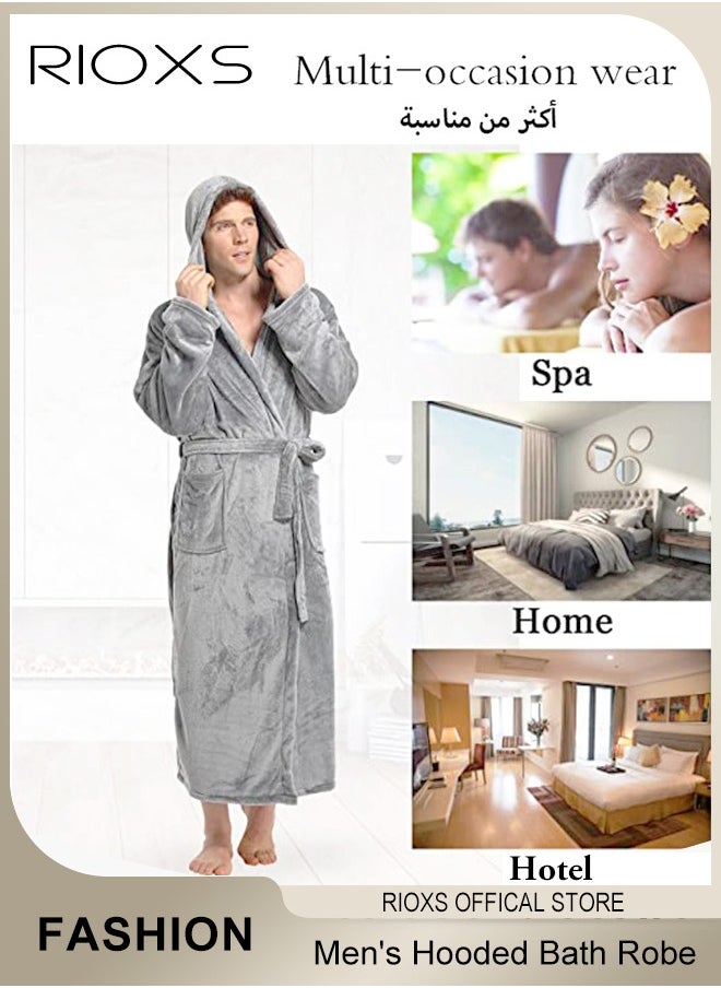 Men's Hooded Bath Robe,Plush Collar Sleepwear,Soft Long Bathrobe Warm Flannel House Robe,Robe Fleece Spa Robes Loungewear For Men,Long Bathrobe Gift For Father Brother Husband