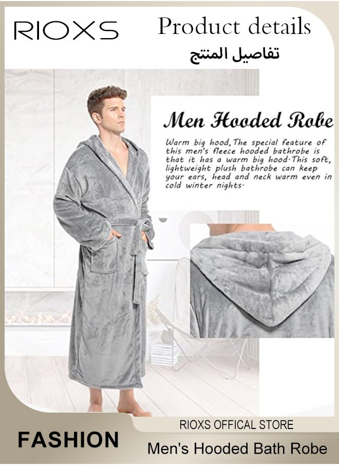 Men's Hooded Bath Robe,Plush Collar Sleepwear,Soft Long Bathrobe Warm Flannel House Robe,Robe Fleece Spa Robes Loungewear For Men,Long Bathrobe Gift For Father Brother Husband