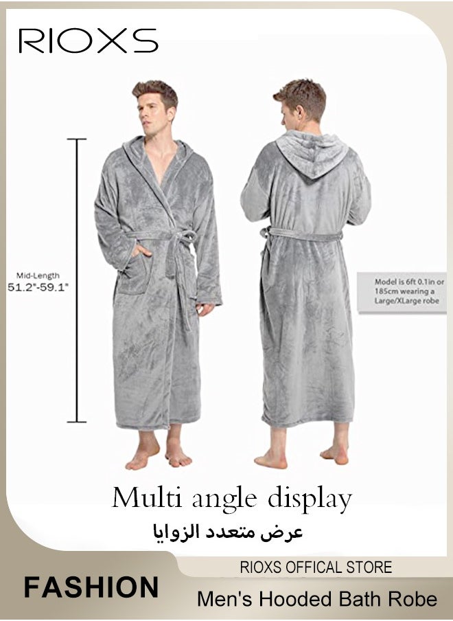 Men's Hooded Bath Robe,Plush Collar Sleepwear,Soft Long Bathrobe Warm Flannel House Robe,Robe Fleece Spa Robes Loungewear For Men,Long Bathrobe Gift For Father Brother Husband