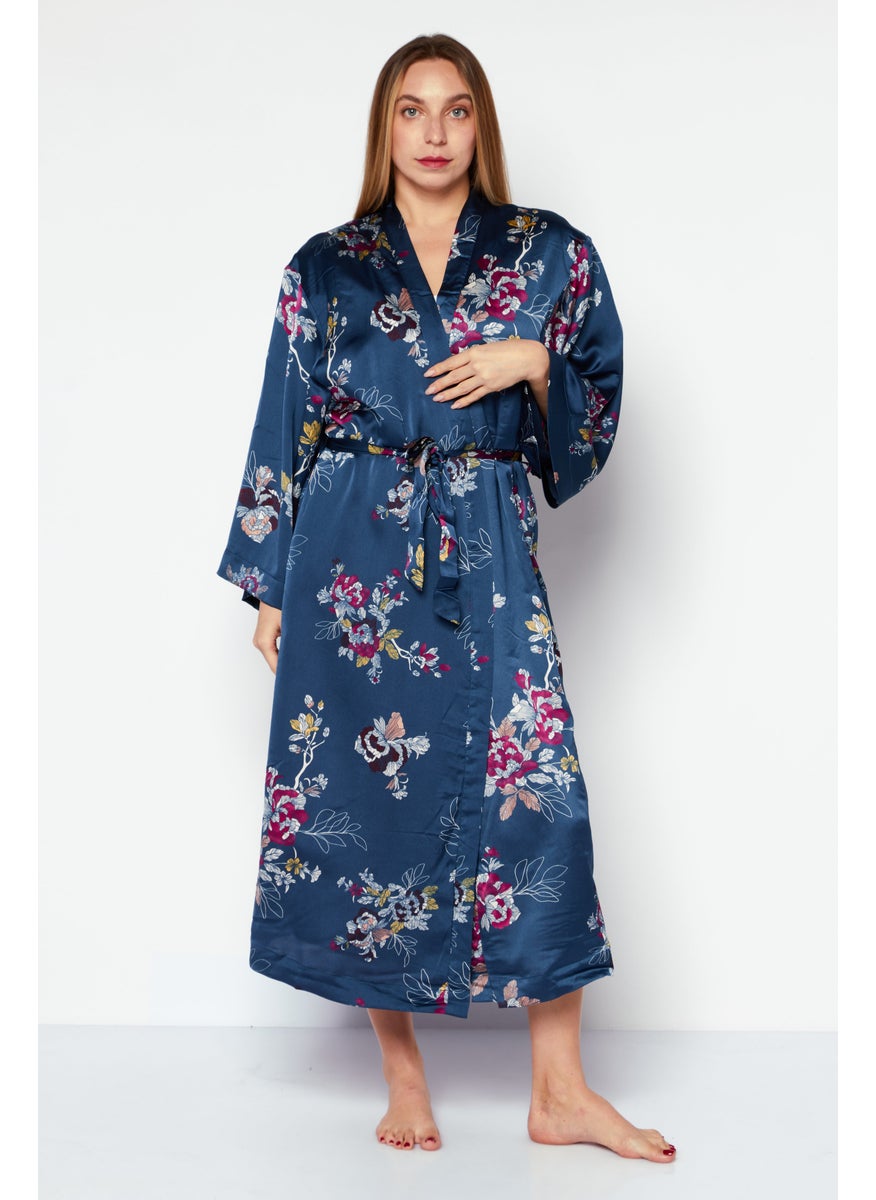 Women Floral Print Fleece Lined Satin Robes, Blue Combo