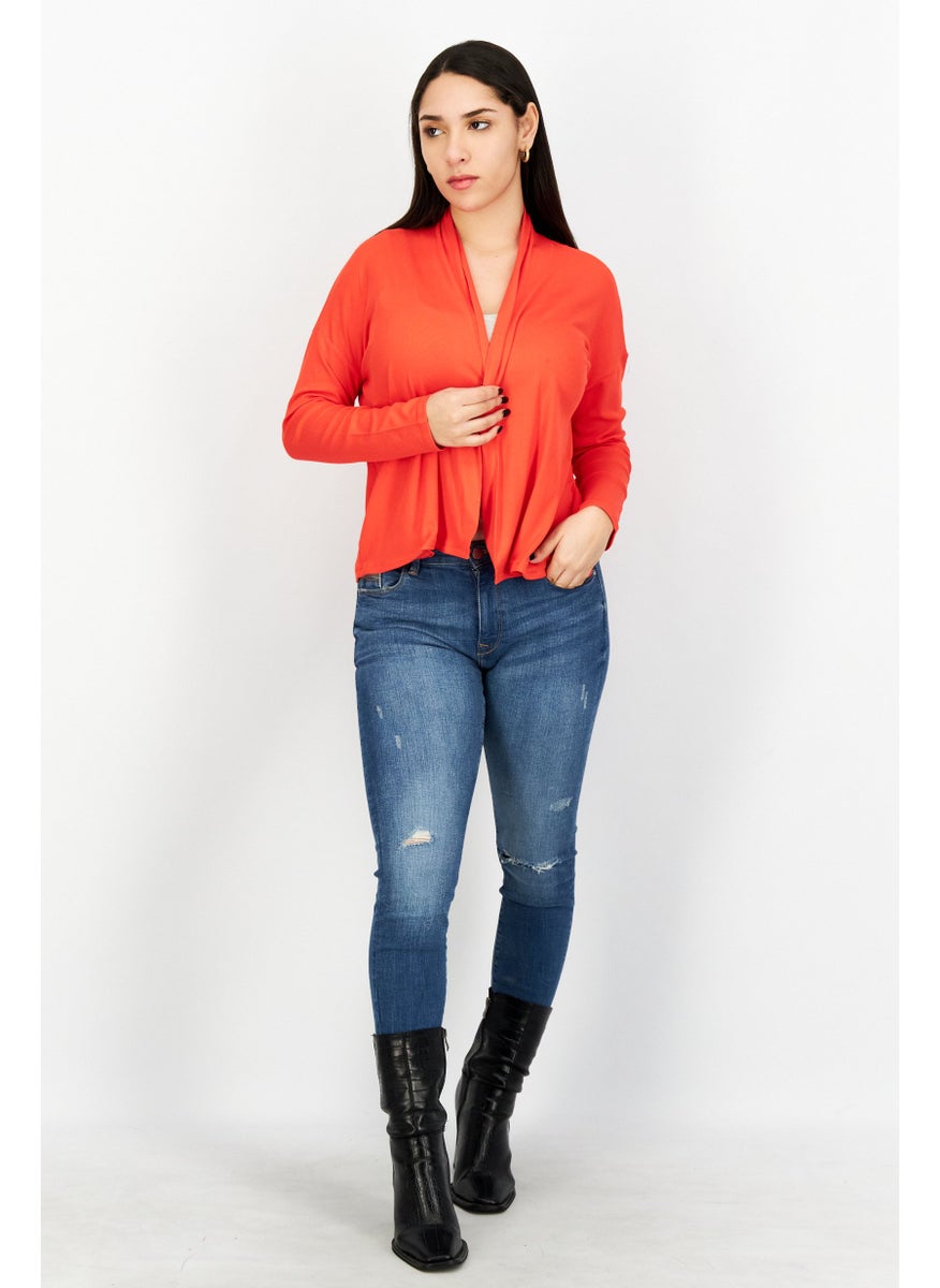 Women Open Front Plain Cardigan, Scarlet