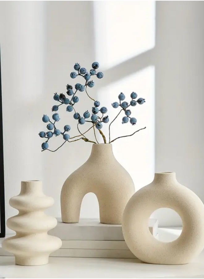 3Pcs Contemporary Ceramic Vase, Pedestal Round Design, Decorative Tabletop Centerpieces for Living Room, Bedroom, Office - Modern Minimalist Milk-White Vase Combo Pack