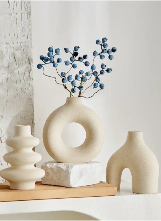 3Pcs Contemporary Ceramic Vase, Pedestal Round Design, Decorative Tabletop Centerpieces for Living Room, Bedroom, Office - Modern Minimalist Milk-White Vase Combo Pack