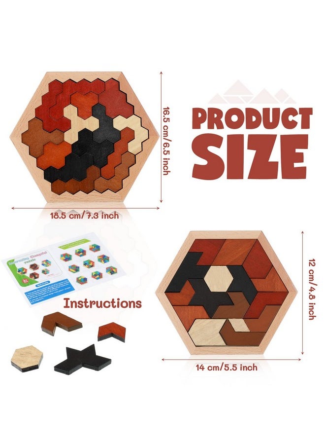 3 Pack Hexagon Wooden Puzzle Wood Russian Blocks Tangram Puzzle Brain Teaser Puzzles Geometric Jigsaw Block Russian Blocks Logic Iq Stem Montessori Toy For All Ages Kid Adult Intelligence (Vintage)