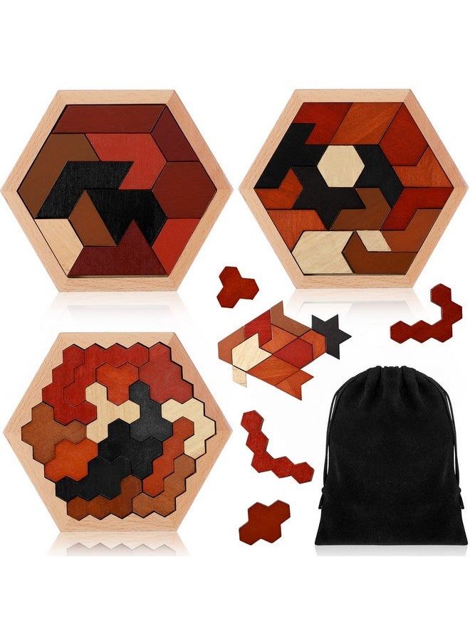 3 Pack Hexagon Wooden Puzzle Wood Russian Blocks Tangram Puzzle Brain Teaser Puzzles Geometric Jigsaw Block Russian Blocks Logic Iq Stem Montessori Toy For All Ages Kid Adult Intelligence (Vintage)