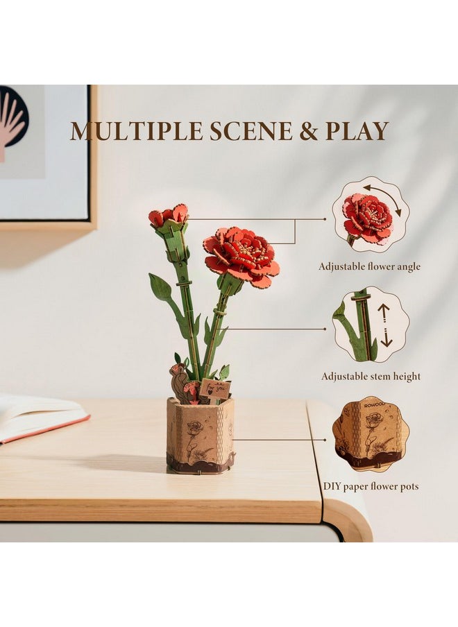 3D Puzzles Wooden Artifical Flower Red Carnation Diy Model Building Kit To Build For Adults Bouquet Botanical Collection Craft Brain Teaser Puzzle Creative Gift Home Decor