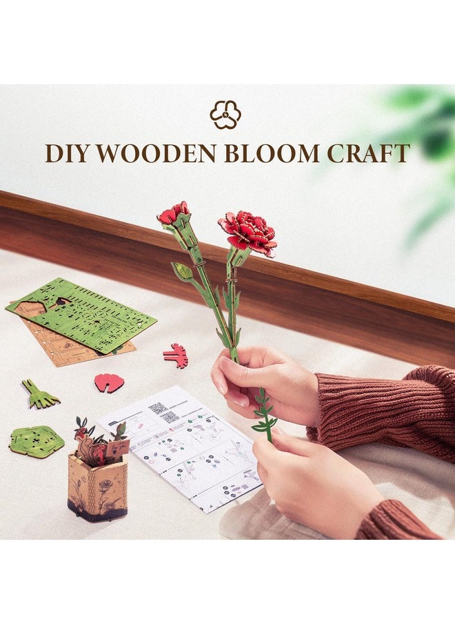 3D Puzzles Wooden Artifical Flower Red Carnation Diy Model Building Kit To Build For Adults Bouquet Botanical Collection Craft Brain Teaser Puzzle Creative Gift Home Decor