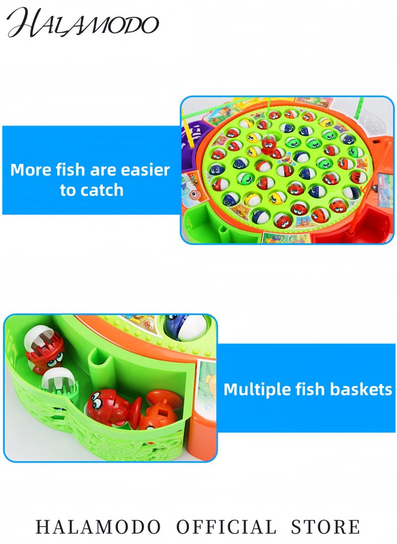 Kid's Fishing Game Play Set of 45pcs Fish & 5pcs Fishing Poles & 1pcs Rotating Board with Music Hook Fishing Game Educational Motor Skill Toys for Boys Girls Toddlers Aged 3-6 Years Old
