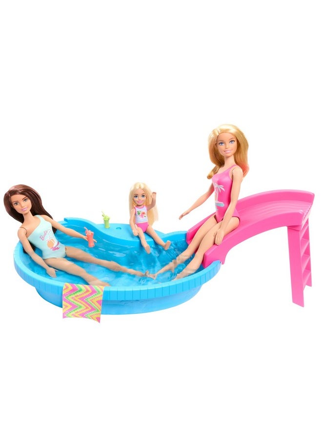 Doll And Pool Playset Blonde In Tropical Pink Onepiece Swimsuit With Pool Slide Towel And Drink Accessories