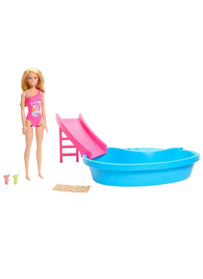 Doll And Pool Playset Blonde In Tropical Pink Onepiece Swimsuit With Pool Slide Towel And Drink Accessories