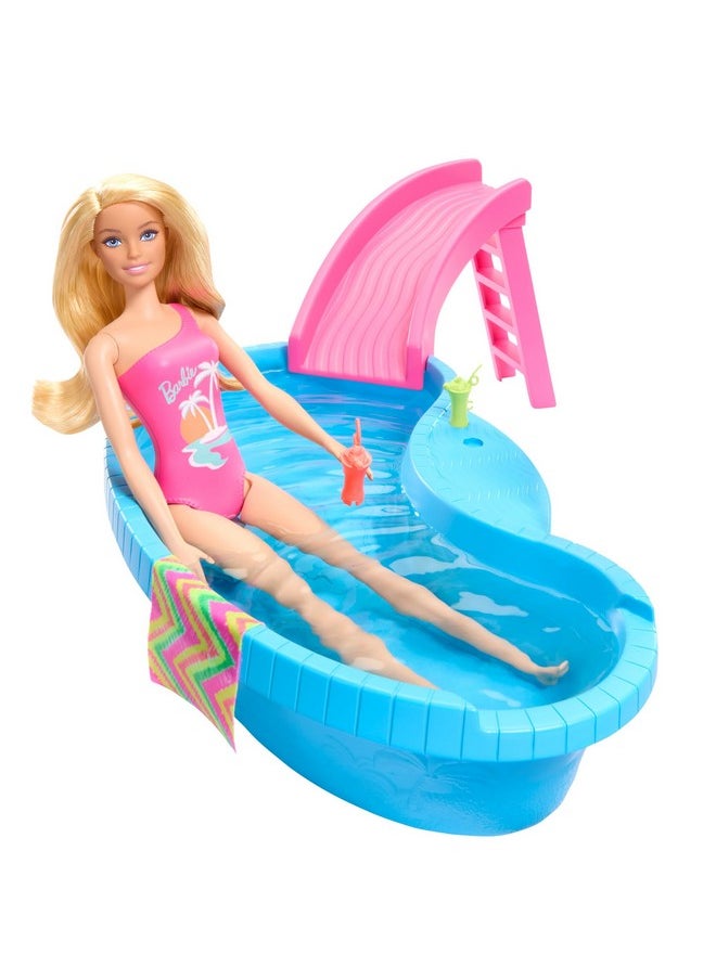 Doll And Pool Playset Blonde In Tropical Pink Onepiece Swimsuit With Pool Slide Towel And Drink Accessories