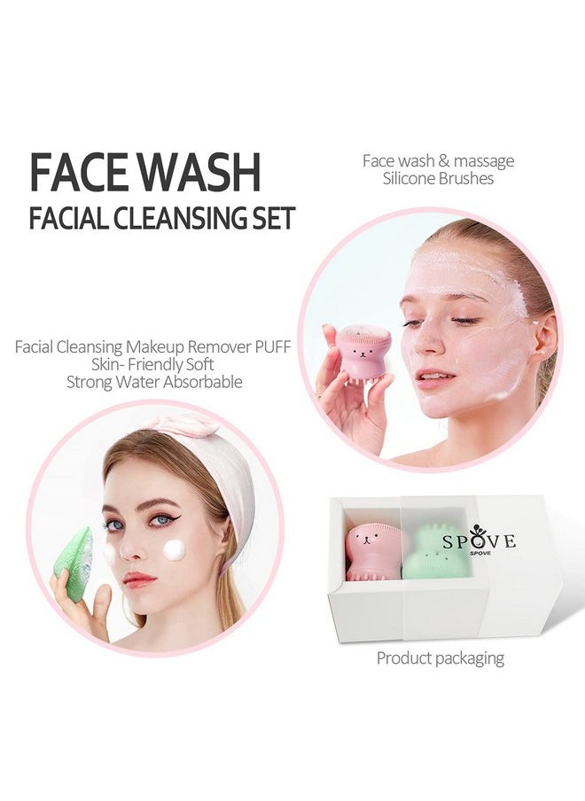 2Pcs Jellyfish Silicone Manual Facial Cleansing Brush Sets + 2Pcs Cleansing Sponge Facial Flutter Wash Face Pad Brushes Silicone Handheld Face Brush Massage