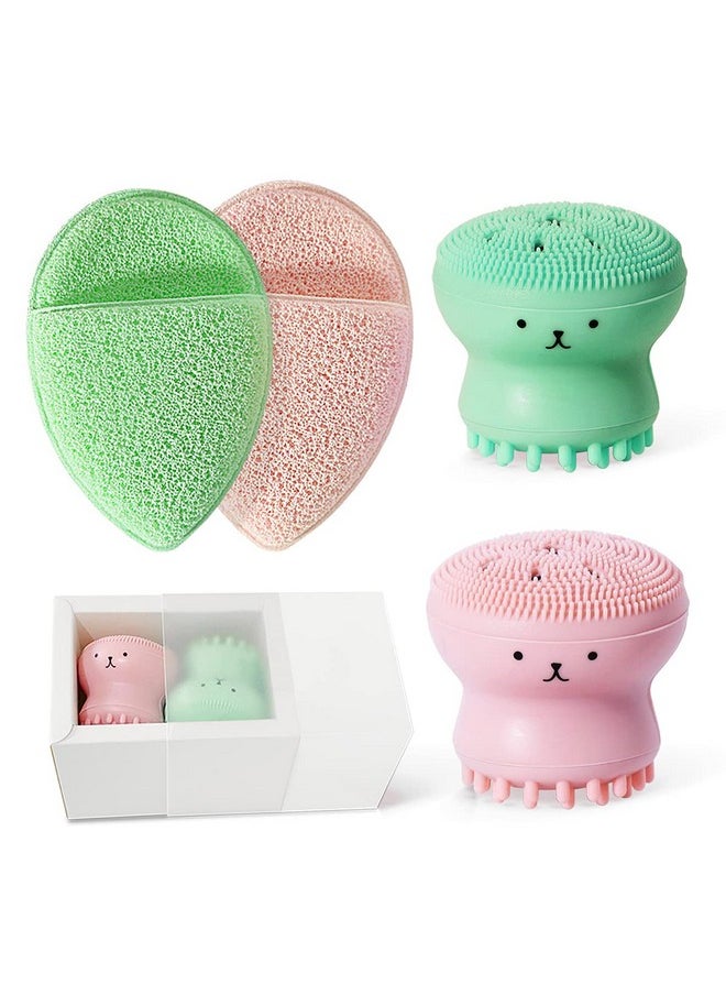 2Pcs Jellyfish Silicone Manual Facial Cleansing Brush Sets + 2Pcs Cleansing Sponge Facial Flutter Wash Face Pad Brushes Silicone Handheld Face Brush Massage