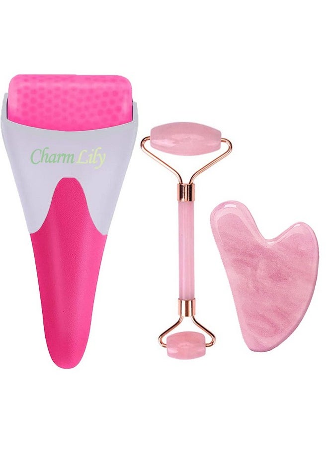 Rose Quartz & Ice Roller + Gua Sha Massager Tool Set For Face & Eyes By Charmlily Puffiness Reduce Wrinkle Aging Migraine Pain Relief On Neck & Body Cold Facial Original Natural Stone 3 In 1