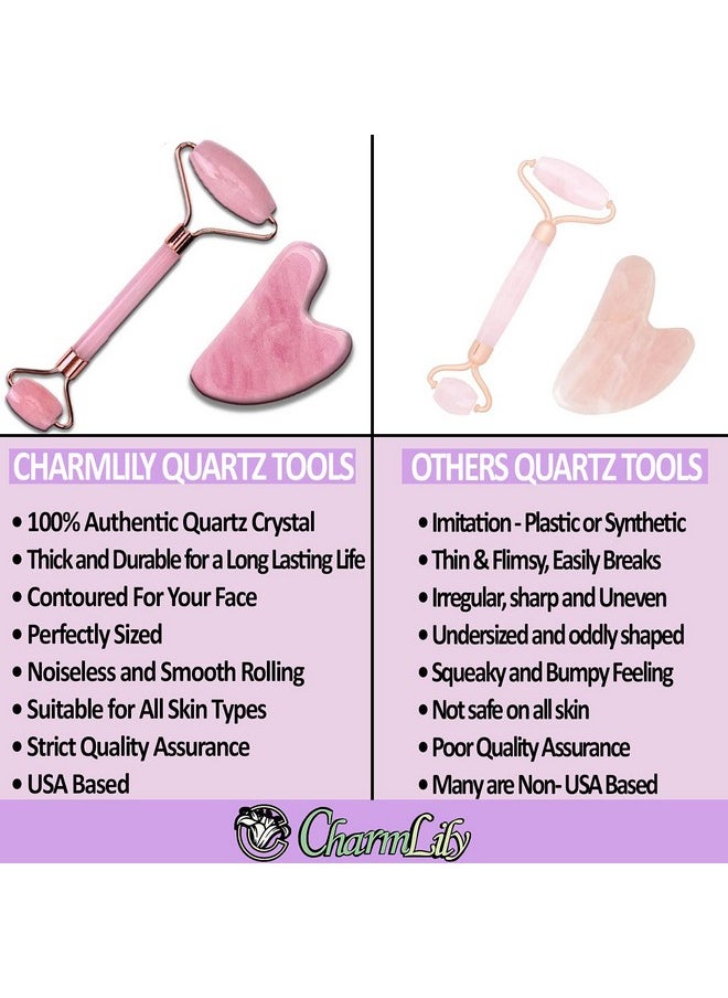 Rose Quartz & Ice Roller + Gua Sha Massager Tool Set For Face & Eyes By Charmlily Puffiness Reduce Wrinkle Aging Migraine Pain Relief On Neck & Body Cold Facial Original Natural Stone 3 In 1