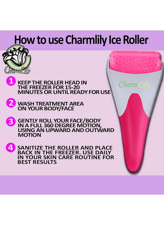 Rose Quartz & Ice Roller + Gua Sha Massager Tool Set For Face & Eyes By Charmlily Puffiness Reduce Wrinkle Aging Migraine Pain Relief On Neck & Body Cold Facial Original Natural Stone 3 In 1